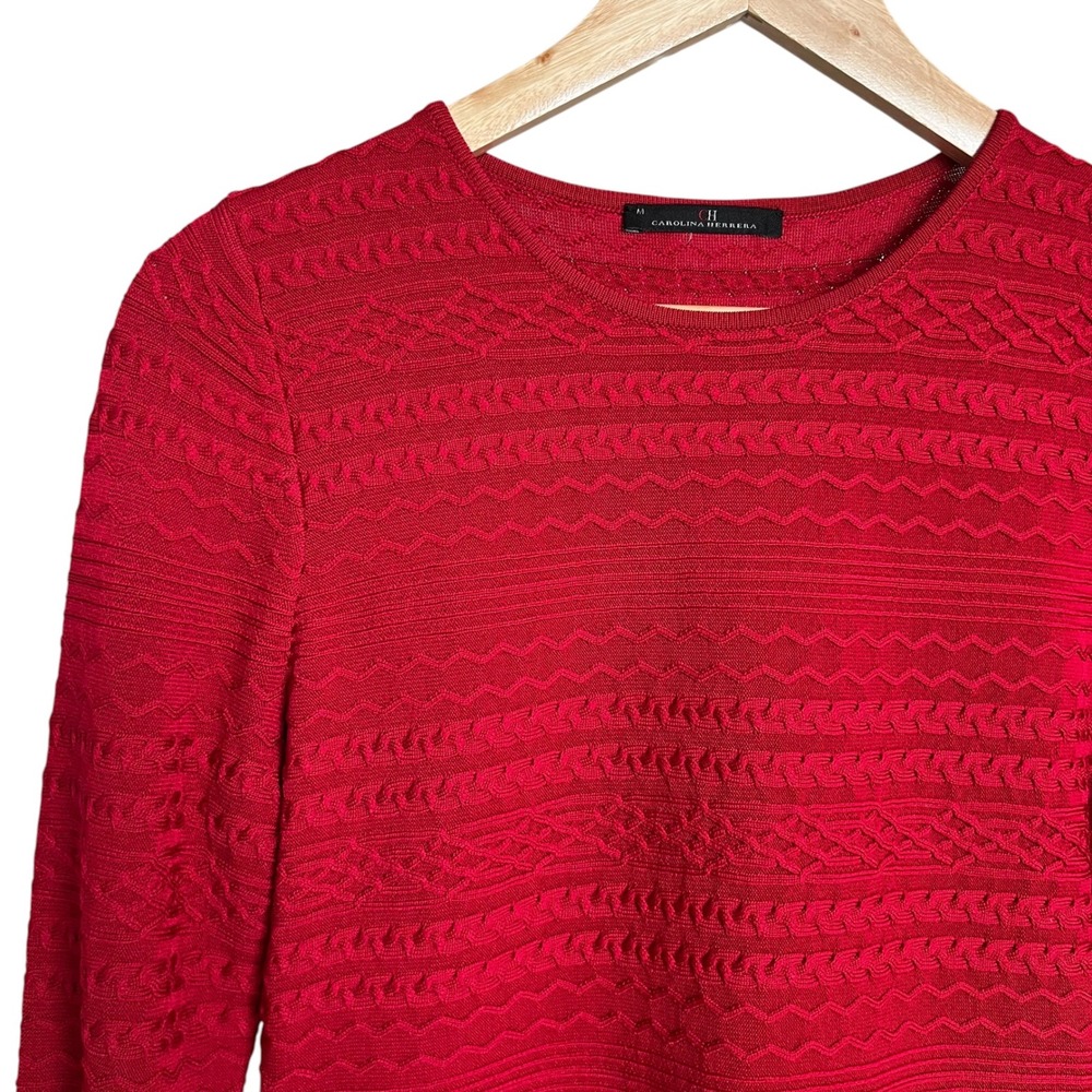 Carolina Herrera Red Cable Knit 3/4 Bell Sleeve Sweater Blouse M Elegant Holiday - Picture 3 of 11